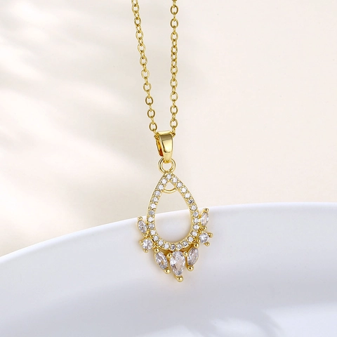 Waterdrop Pendant Necklace Micro Pave Zircon Gold Plated Stainless Steel Chain French Court Style Jewelry Women