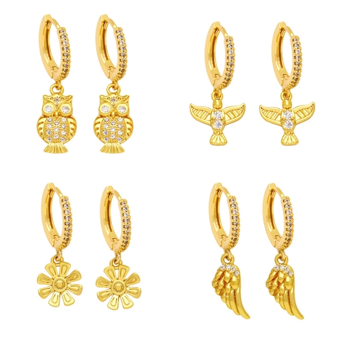 Fashion Owl Bird Flower Wing Drop Hoop Earrings Copper Zircon Gold Plated Elegant Minimalist Jewelry For Women