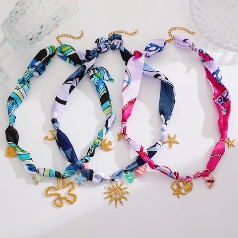 Bohemian 18K Gold Plated Stainless Steel Satin Ribbon Necklace For Women Beach Vacation Marine Sun Starfish Pendant Choker