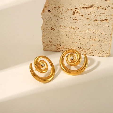 Orecchini a Bottone a Spirale di Conchiglia in Acciaio Inossidabile 304 Placcati Oro 18K con Zircone per Donna