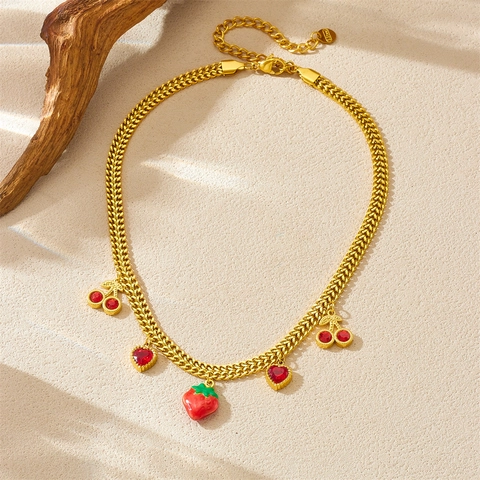 Collier En Acier Inoxydable Plaqué Or Pendentifs Fruits Fraise Cerise Cœur Rouge Style Pastoral Doux Bijoux Pour Femmes
