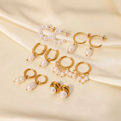 Stainless Steel Artificial Pearl Earrings For Women Personalized Rhinestone Inlaid Geometric Gold Plated Dangle Drop Jewelry