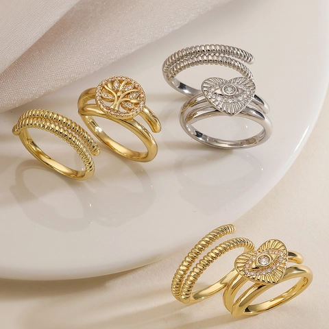 Evil Eye Heart Tree Of Life Rings For Women Gold Plated Copper Zircon Layered Textured Adjustable Fashion Jewelry