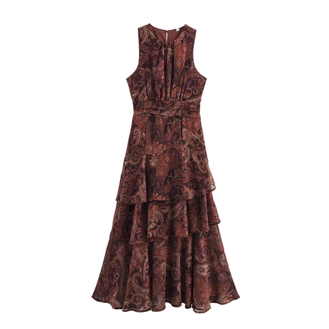 Ärmelloses Maxikleid Mit Paisleymuster Chiffon Gestuftes Rüschen Rundhalsausschnitt Retro Boho Elegant Damen
