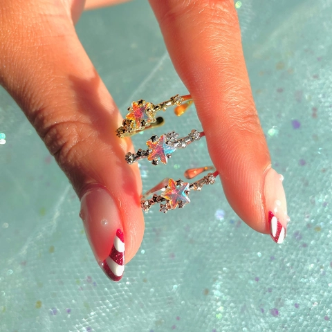 Sweet Korean Star Shape Open Ring Adjustable Brass Jewelry With Iridescent Stone Zirconia For Women Girls Gift