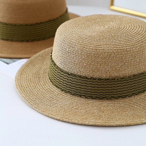 Cappello Paglietta Donna Estate Spiaggia Cappello Sole Paglia Carta Tesa Larga Cima Piatta Traspirante Cappello Viaggio Fascia Verde