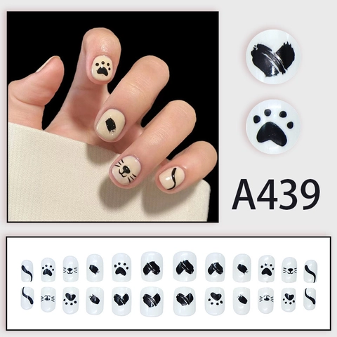 Press On Nails Kawaii Cat Paw Pattern Short Round Detachable Fake Nails Manicure For Women Girls