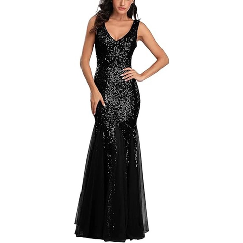 Sequin Evening Gown Deep V Neck Sleeveless Mermaid Formal Prom Maxi Dress For Women Elegant Gala Party Plus Size