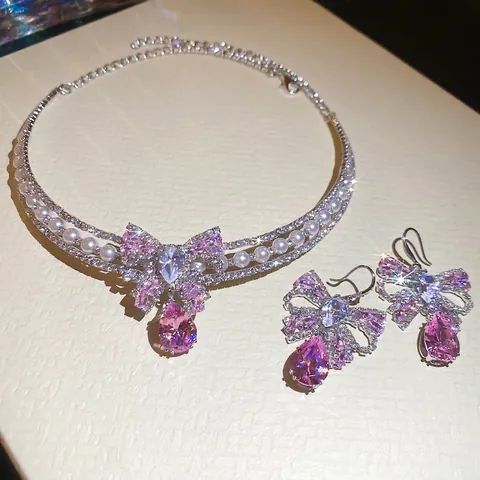 Gioielli Fiocco Rame Rosa Goccia Zircone Collana Orecchini Con Silver Earring Post Künstliche Perle Elegante Donna Accessori