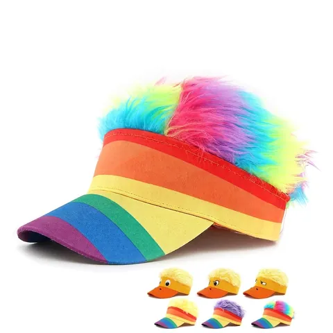 Creative Sun Visor Hat With Colorful Fake Hair Wig Funny Rainbow Striped Duck Pattern Adjustable Cap For Cosplay Party