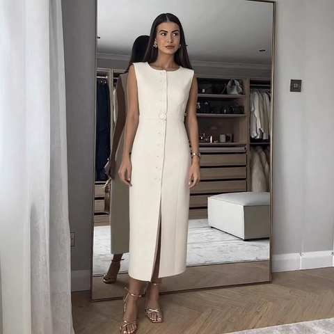 Women Sleeveless Button Down Midi Dress Polyester With Waist Belt Side Slit Elegant Office Party Wear