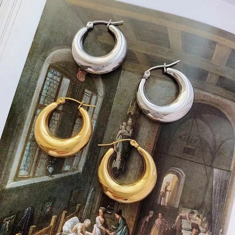 Vintage 18K Vergoldete Chunky Hoop Ohrringe Für Damen Edelstahl Minimalistisch Geometrisch Mondform Spiegelpoliert Schmuck