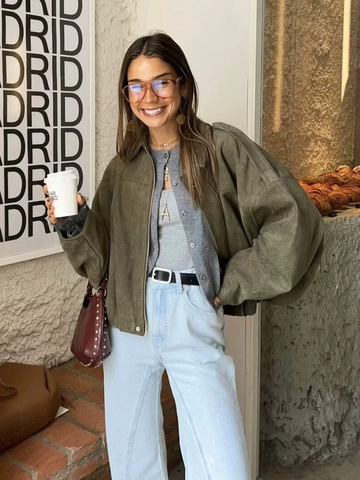 Women Faux Suede Bomber Jacket Lapel Collar Zip Up Loose Fit Streetwear Casual Vintage Oversized Outerwear Fall Spring