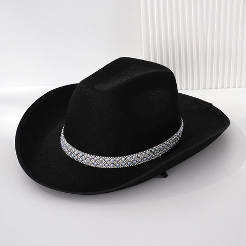 Western Cowboy Hat Polyester Felt Artificial Pearl Rhinestone Band Wide Brim Sun Protection Party Wear Chic Solid Color