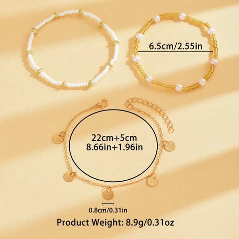 Bohemian Anklets Seed Beads Imitation Artificial Pearl Alloy Chain Round Disc Pendant Multi Layer Beach Jewelry Women Boho Summer
