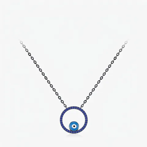 Evil Eye Anhänger Halskette 925 Sterling Silber Blau Zirkonia Gun Black Plated Verstellbarer Modeschmuck Für Damen