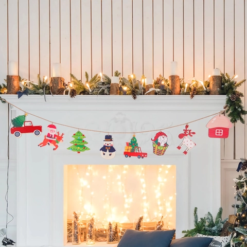 Christmas Wood Banner Ornaments Cartoon Santa Reindeer Snowman Hanging Decor DIY Garland For Xmas Home Holiday Party