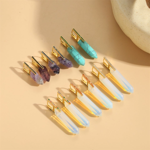 Natural Stone Hexagonal Prism Dangle Earrings Copper Geometric Zircon Micro Pave Elegant Bohemian Jewelry For Women