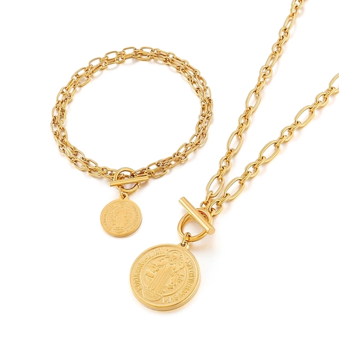Stainless Steel Necklace And Bracelet With OT Toggle Clasp Coin Pendant Vintage Hip Hop For Women