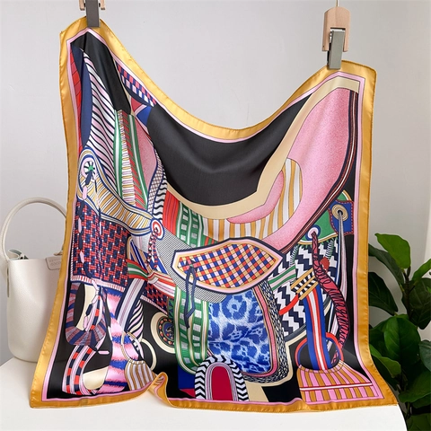 Square Scarf Satin Polyester Geometric Leopard Print Luxury Fashion Neck Head Wrap Retro Style For Women