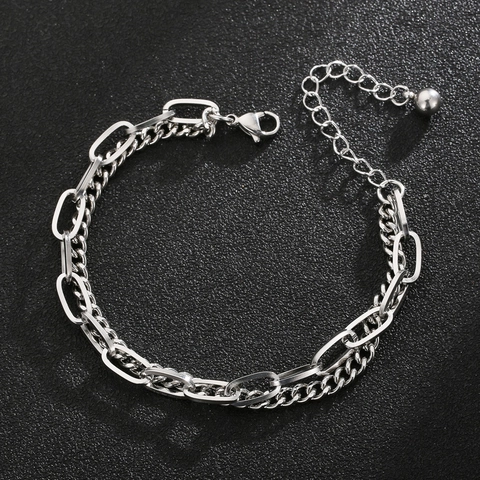 Pulsera De Cadena De Doble Capa Acero Inoxidable Eslabones Cubanos Y Clip Ajustable Hip Hop Joyería Retro Para Hombres