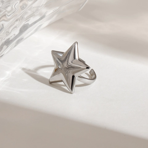 Minimalist High Polish Stainless Steel Star Ring Adjustable Open Design Silver Aesthetic Jewelry For Women Girls