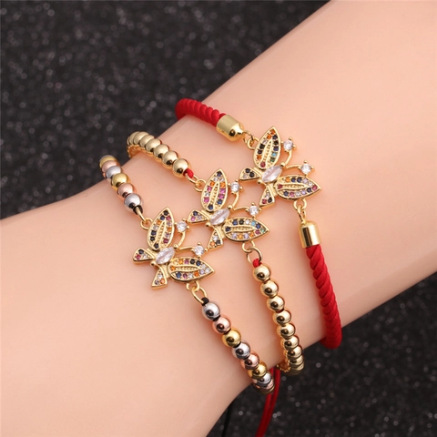 Butterfly Pendant Adjustable Bracelet Copper Colorful Zircon Inlaid Bohemian Woven Red String Jewelry For Women