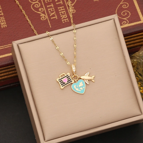 Collana Pendente Tema Viaggio Oceano Oro Rame Acciaio Inossidabile Aereo Globo Conchiglia Stella Marina Smalto Gioielli Donne