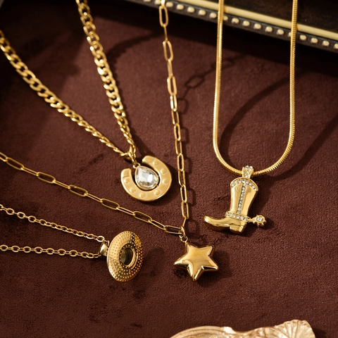 Collana Pendente Stivale Da Cowboy Cappello Ferro Di Cavallo Stella Acciaio Inossidabile Placcato Oro 18K Gioielli Retro Donna