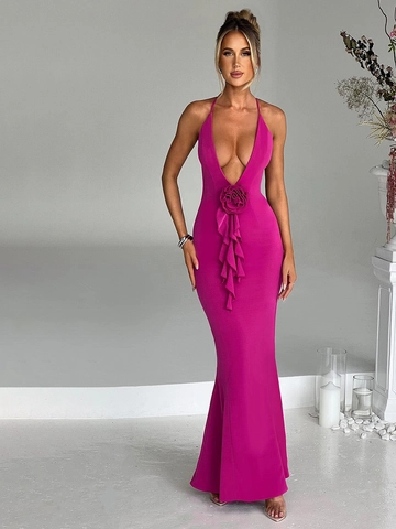 Sexy Maxi-jurk Met V-hals Halter Met Bloemenruches Open Rug Bodycon Polyester Spandex Lange Avondjurk