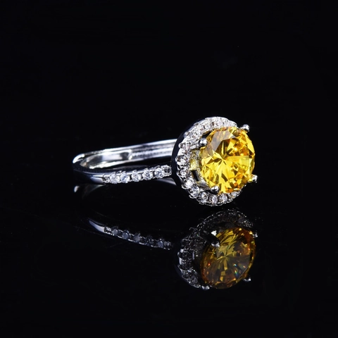 Round Yellow Champagne Cubic Zirconia Halo Ring Copper Adjustable Elegant Luxury Jewelry For Women