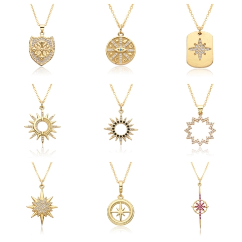 Luxury Copper Rhinestone Pendant Necklace For Women Vintage Gold Plated Star Heart Evil Eye Cross Clavicle Chain Jewelry