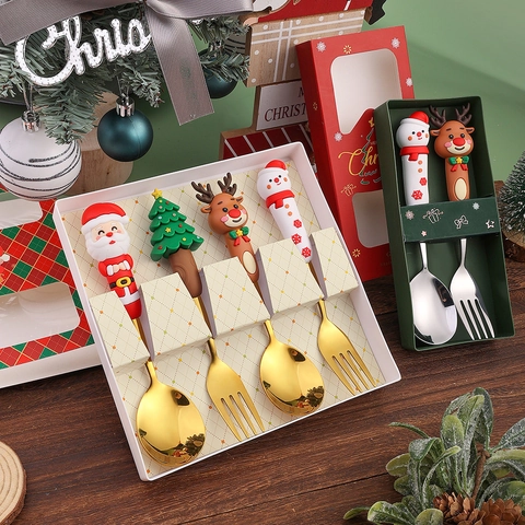 Christmas Spoon And Fork Stainless Steel Silicone Cartoon Santa Claus Reindeer Snowman Tree Holiday Dinnerware For Kids