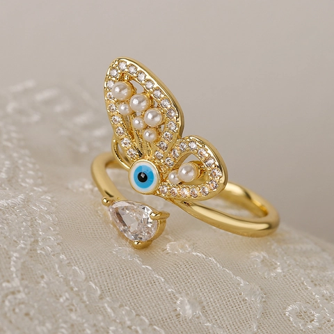 Butterfly Evil Eye Open Ring Copper Gold Plated With Zircon And Imitation Artificial Pearl For Women Elegant Boho Style