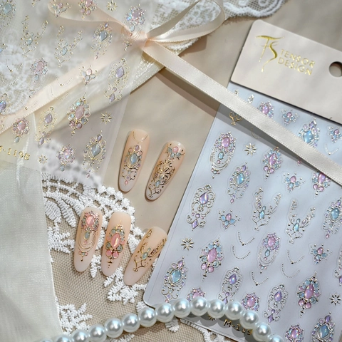 5D Embossed Nail Art Stickers Gold Stamping Retro Jewelry Gem Pattern DIY Decals For Women Kids Manicure Decoration