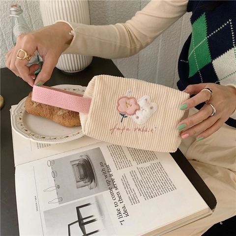 Trousse Maquillage Velours Côtelé Mignon Lapin Brodé Pochette Cosmétique Portable Organisateur Voyage Kawaii
