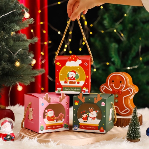 Christmas Gift Packaging Cases Cardboard Handle Transparent Window Cartoon Santa Snowman Reindeer Festive Eve Party Candy Apple Wrapping