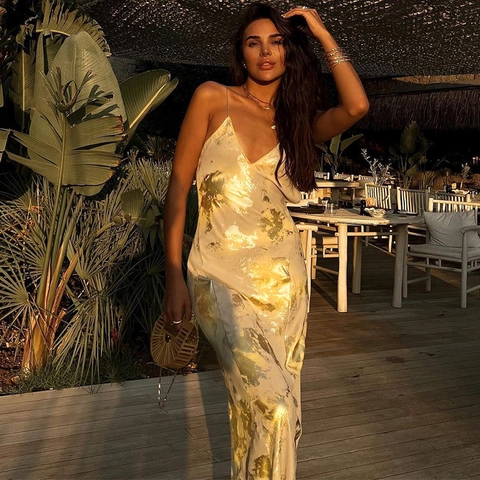 Sexy Backless Maxi Dress Gold Foil Abstract Print Spaghetti Straps V Neck Sleeveless Summer Vacation Clubwear For Women