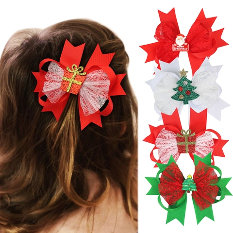 Kerst Strik Haarspeldjes Voor Meisjes Kant Grosgrain Lint Eendenbek Spelden Hars Kerstman Boom Feestelijk