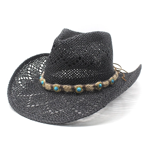Western Cowboy Strohhut Papier Gewebt Hohl Atmungsaktiv Sonnenschutz Breite Krempe Türkis Perlenband Sommer Strand