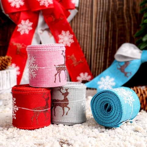 Cinta de Navidad Con Alce y Copos de Nieve de Purpurina para Decoración de Árbol de Navidad Envoltura de Regalo Festiva Cinta de Tela