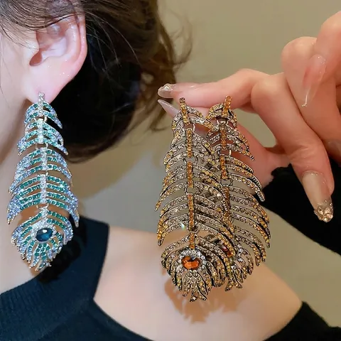 Pendientes De Pluma De Lujo Aleación Strass Joyería Bohemia Vintage Para Mujer Con Poste De Pendiente De Plata
