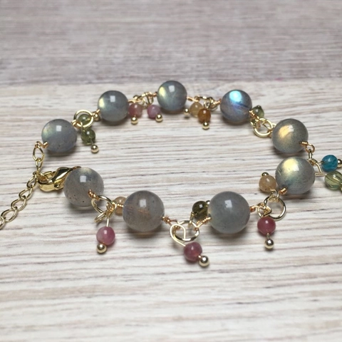 Braccialetto di Perle d'Acqua Dolce Labradorite Tormalina Placcato Oro Catena Regolabile Gioielli in Pietra Naturale Donna