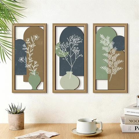 Decorazione Murale Astratta Pianta Targa Legno Colori Morandi Vaso Cavo Motivo Stile Nordico Minimalista Casa