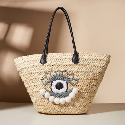 Borsa Tote In Paglia Da Donna Intrecciata In Mais Motivo Occhio Ricamato Pompon Bianchi Moda Vacanze Al Mare Borsa A Tracolla