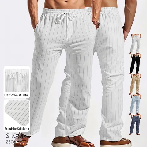 Men Casual Pants Linen Blend Vertical Striped Drawstring Elastic Waist Straight Leg Breathable Summer Vacation Trousers