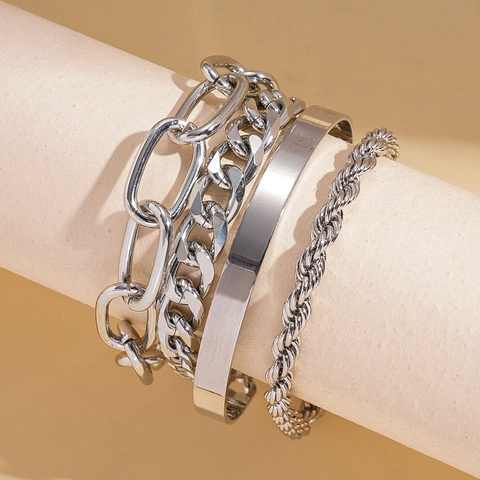 Pulsera Brazalete De Aleación Color Plateado Geométrica Cadena Curb Cuerda Clip Minimalista Joyería De Moda Para Mujer