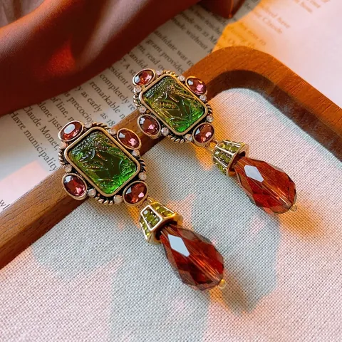 Vintage Baroque Drop Earrings With 925 Sterling Silver Earring Post Green Relief Water Drop Glass Rhinestone For Women