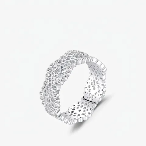 S925 Sterling Silver Honeycomb Hollow Ring For Women Geometric Inlaid Rhinestone Wide Band Personalized Fashion Jewelry Gift