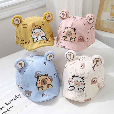 Cappellino Neonato Berretto Da Baseball In Misto Cotone Stampa Orsetto Con Orecchie Di Peluche Traspirante Parasole Bambini